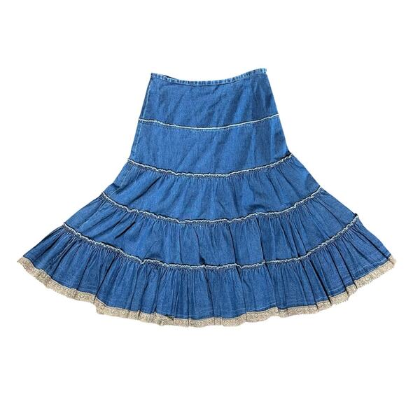 Mix Nouveau Denim Skirt Midi Cottagecore Tiered Boho Western Gypsy Peasant Sz L - Picture 1 of 9